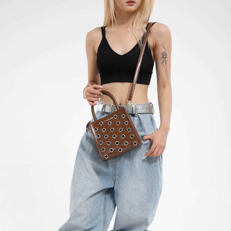 2026-May Women's Rivet&Eyelet Hollow Out Square Handbag Convertible Shoulder&Crossbody Bag