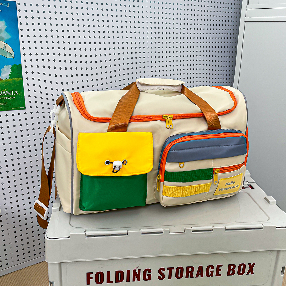 Large capacity color-blocked travel tote bag/crossbody bag